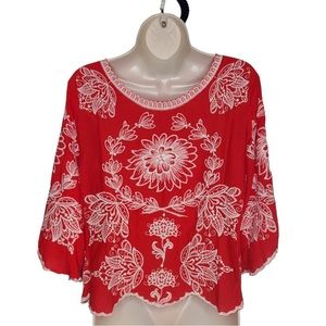Solitaire Brand Red and white Embroidered Ladies Solitaire Blouse Top Medium